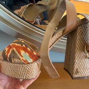 Jessica Simpson Brown Leather & Multicolor Woven Platform Heels